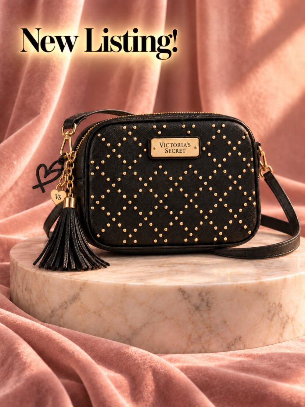 Victoria’s Secret Black Gold Studded Camera Crossbody Bag Heart Tassel